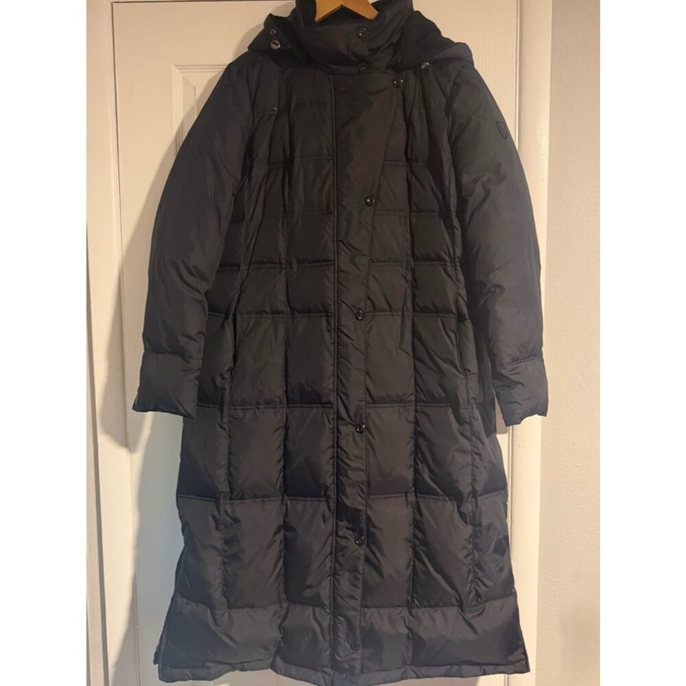 Larry Levine Black Long Quilted Puffer Coat with Hood